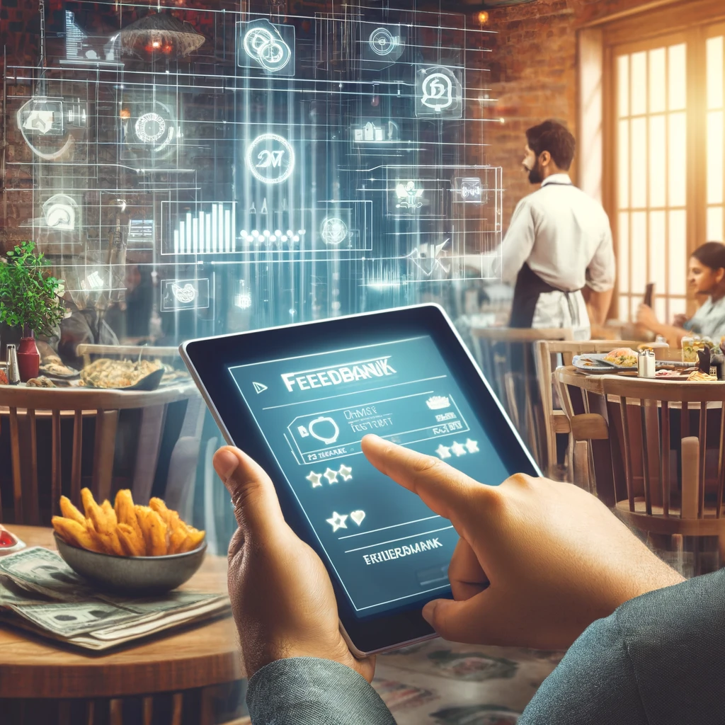 A realistic and impactful image of a modern restaurant with a diverse Indian customer interacting with a digital menu on a tablet. The customer provides feedback through the digital interface, and the scene includes subtle elements like money symbols or profit charts in the background to signify financial gain.