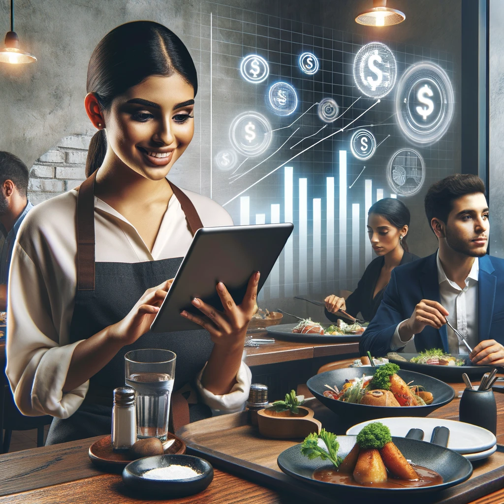 A realistic and impactful image of a modern restaurant with a diverse Latina staff member using a tablet to manage digital promotions. The scene shows customers enjoying their meals, and subtle elements like money symbols or profit charts in the background to signify financial gain.