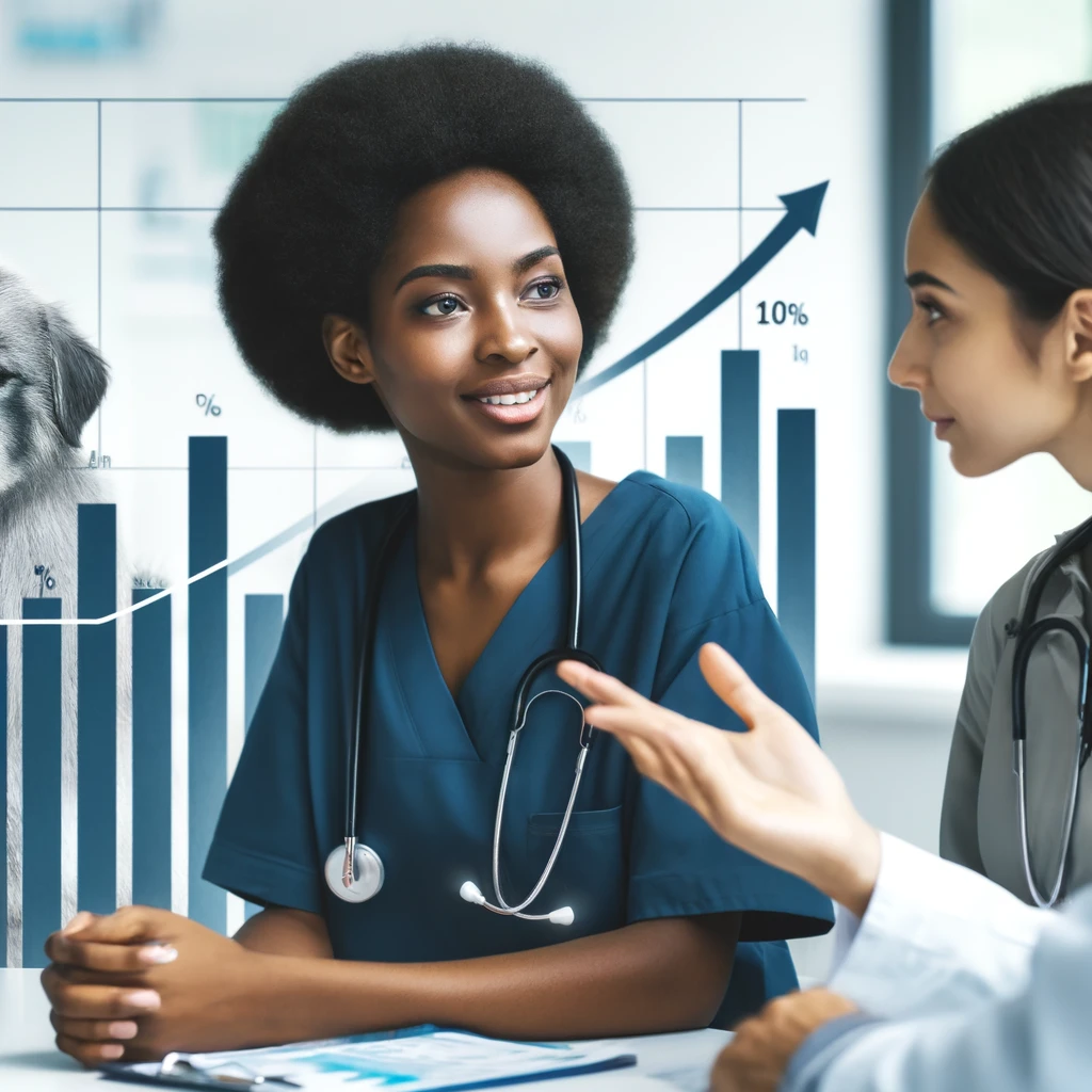 A realistic and impactful photograph of a veterinary assistant in a clinic, discussing with a veterinarian, with a chart showing job growth in the background. The assistant is an African woman, and the background shows a clean, professional veterinary clinic setting.