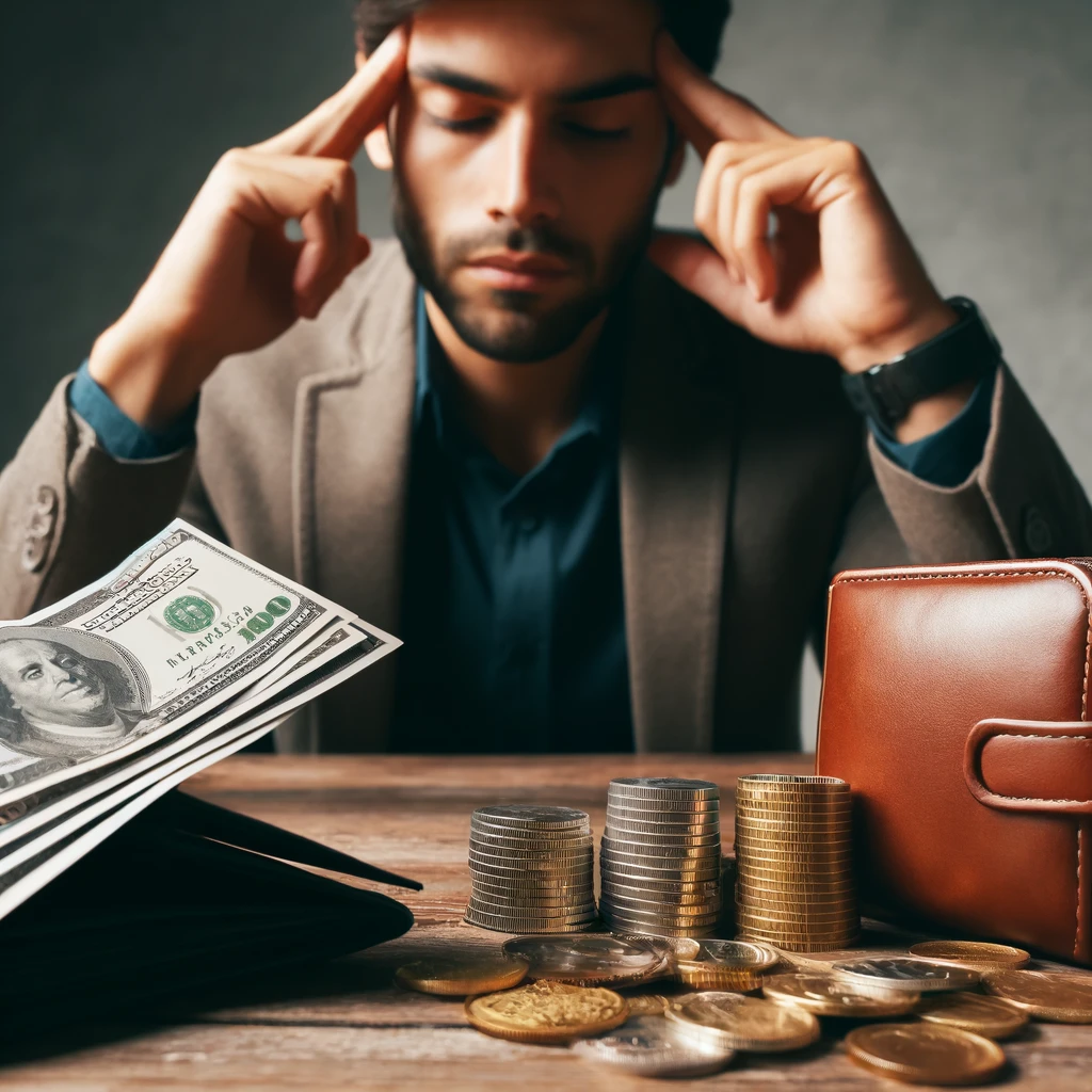 A realistic and impactful photograph of a Latino person showing empathy in a conversation. The setting includes elements that signify making money, such as a wallet and coins on the table.