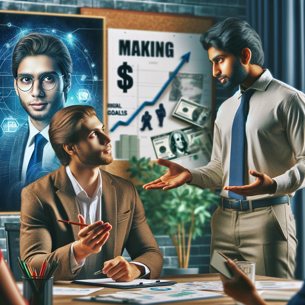 A realistic and impactful photograph of an Indian person receiving feedback from a colleague in an office setting. The environment includes elements that signify making money, such as a financial goals board in the background.