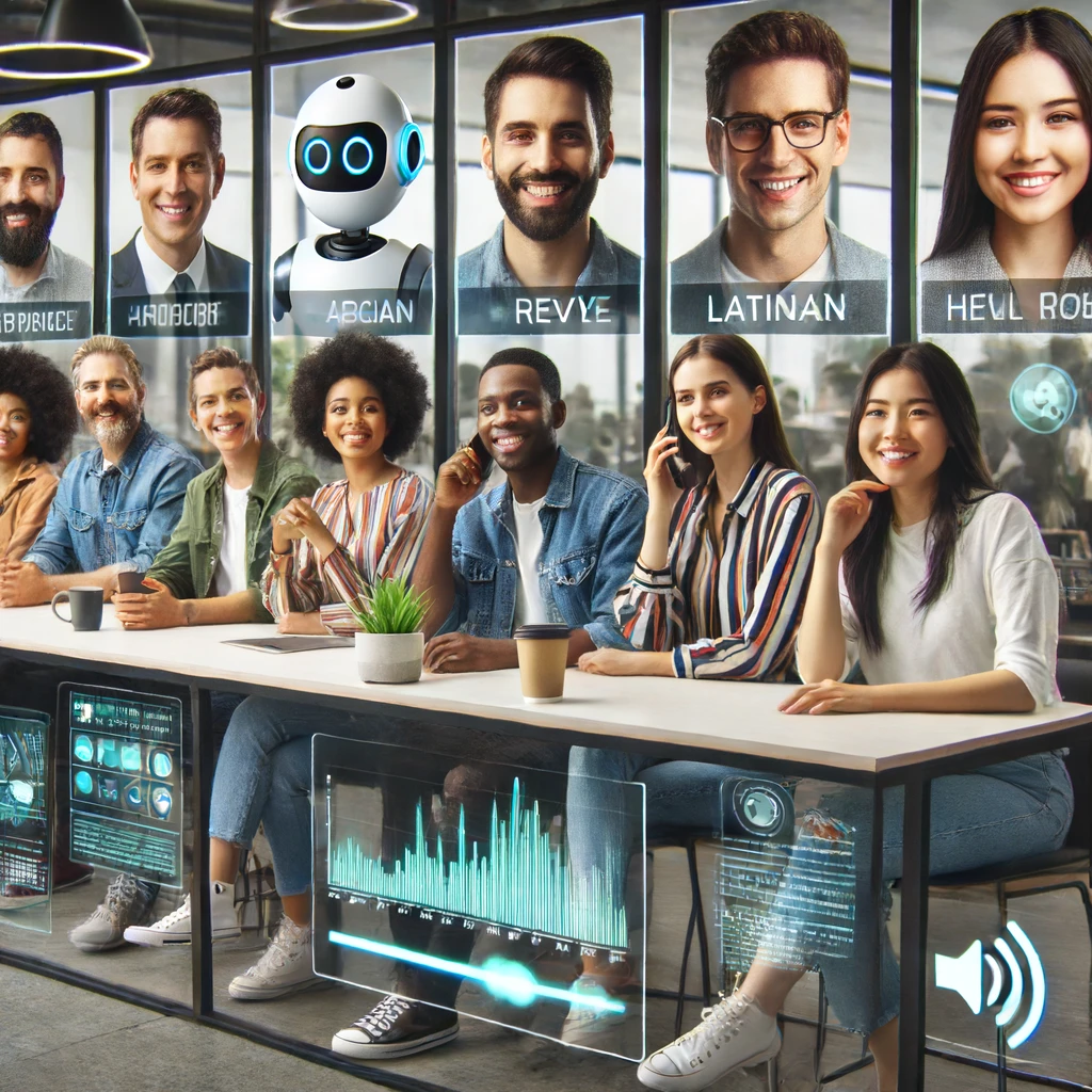 A diverse group of people having a real-time voice conversation using advanced AI technology in a modern office setting. The people include individuals of Asian, African, Latino, Caucasian, and Indian ethnicities.