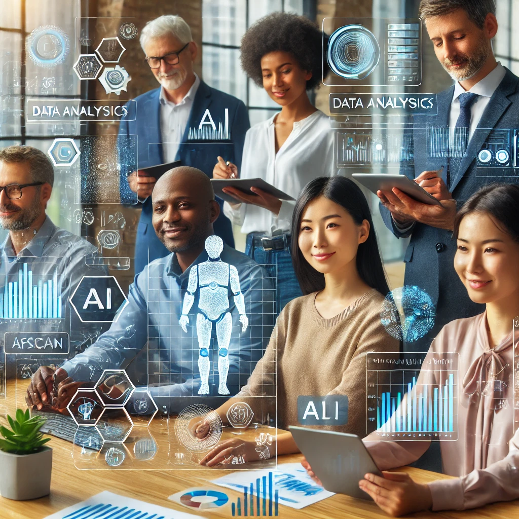 A diverse group of people using advanced AI tools like data analysis and chart creation software in a modern office setting. The people include individuals of Asian, African, Latino, Caucasian, and Indian ethnicities.