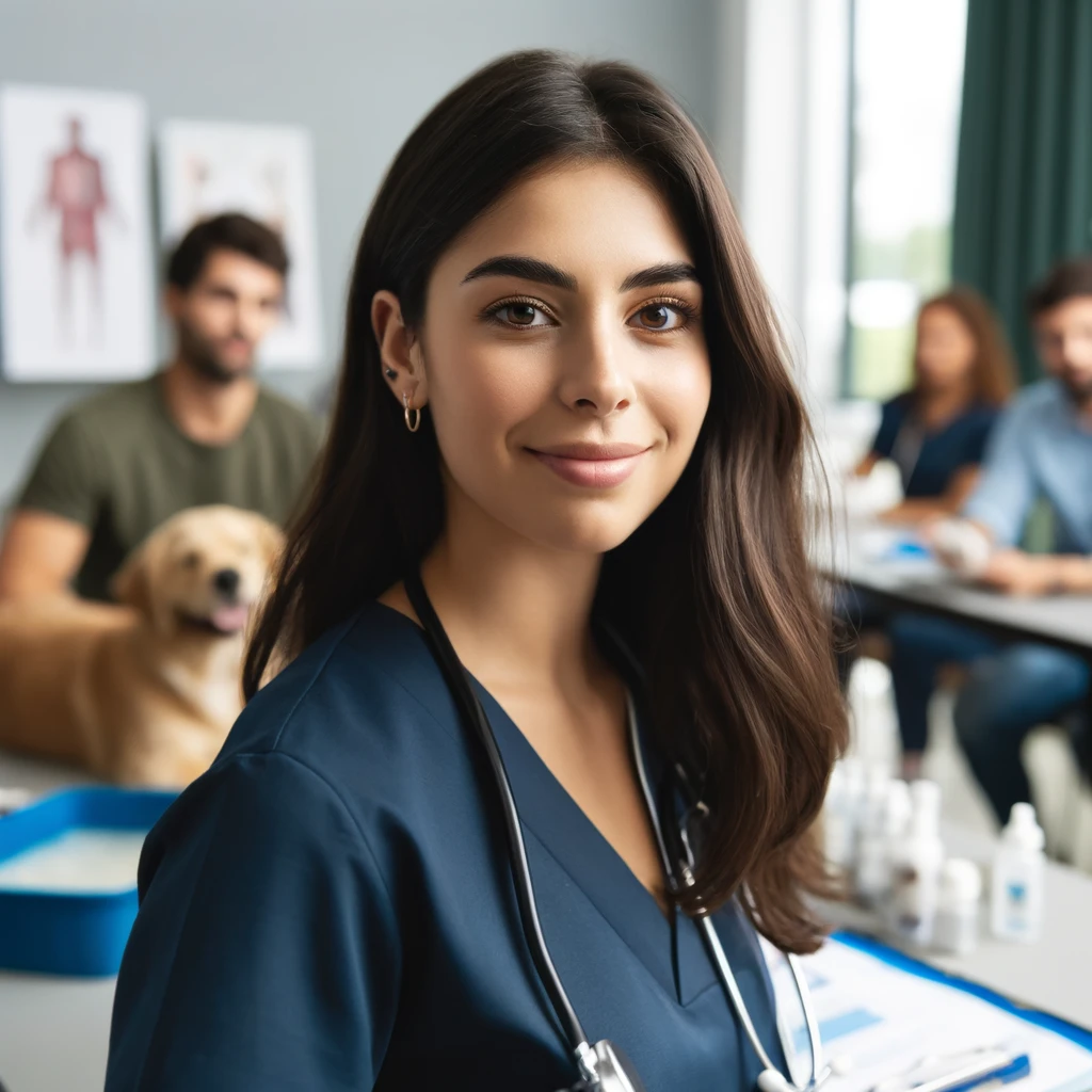 A realistic and impactful photograph of a veterinary assistant attending a training session or workshop. The assistant is a Latina woman, and the background shows a classroom setting with veterinary equipment and charts.