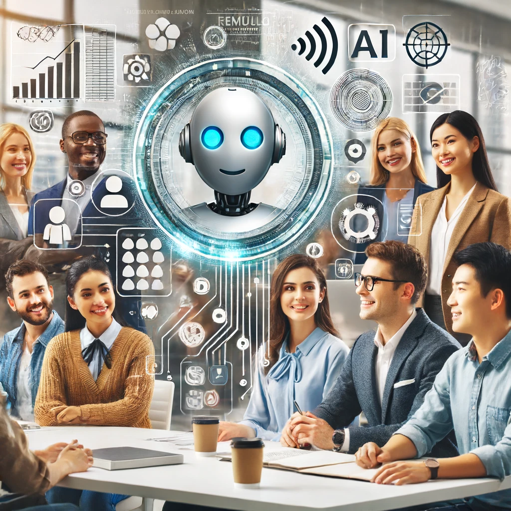 A diverse group of people interacting with advanced AI technology, such as translation devices and multilingual interfaces, in a modern office setting. The people include individuals of Asian, African, Latino, Caucasian, and Indian ethnicities.