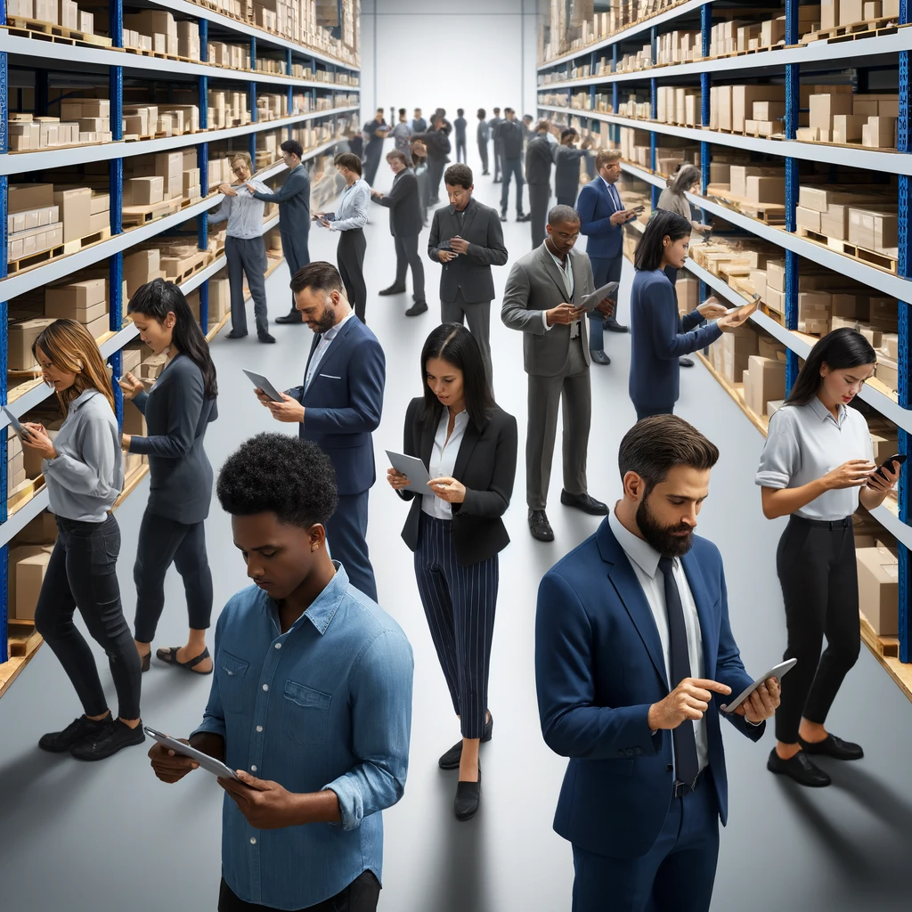 A realistic and impactful image of a diverse group of people (African, Asian, Latin, Caucasian, Indian) organizing and managing inventory in a warehouse or stockroom. They are using tablets and smartphones to check inventory lists, and there are shelves with neatly arranged products. The atmosphere is orderly and efficient.