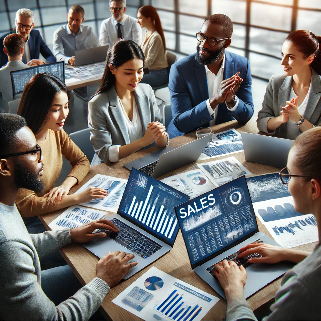 A realistic and impactful image of a diverse group of people (African, Asian, Latin, Caucasian, Indian) analyzing sales data on laptops and discussing strategies. They are in a modern office setting with charts and graphs visible on screens and printed documents. The atmosphere is collaborative and focused on improving business performance.