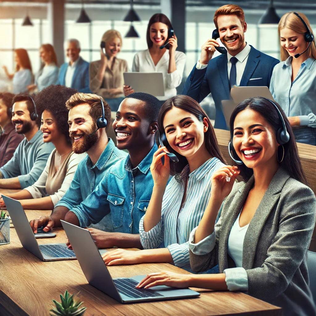 A realistic and impactful image of a diverse group of people (African, Asian, Latin, Caucasian, Indian) providing customer service. They are in a modern office setting, smiling and assisting clients via laptops, phones, and face-to-face interactions. The atmosphere is professional and friendly, indicating a high level of customer satisfaction.