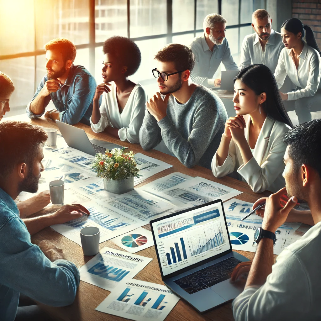 A realistic and impactful image of a diverse group of people (African, Asian, Latin, Caucasian, Indian) working on online advertising campaigns. They are in a modern office setting, discussing strategies around a table with laptops, charts, and notes. The atmosphere is professional and focused on increasing product visibility.