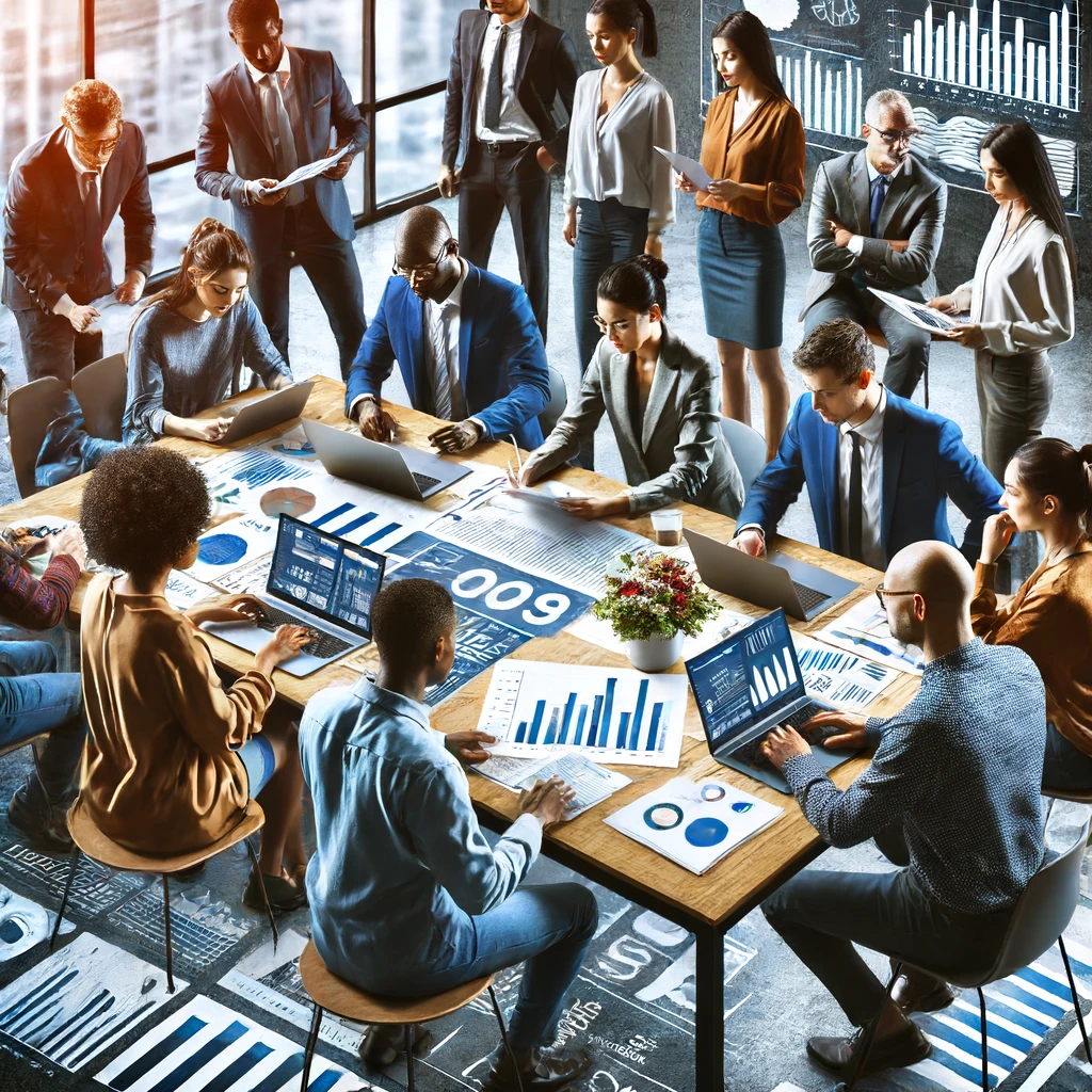 A realistic and impactful image of a diverse group of people (African, Asian, Latin, Caucasian, Indian) working on keyword research for online listings. They are gathered around a table with laptops, charts, and notes, discussing and analyzing search data. The setting is a modern office with a collaborative and dynamic atmosphere.