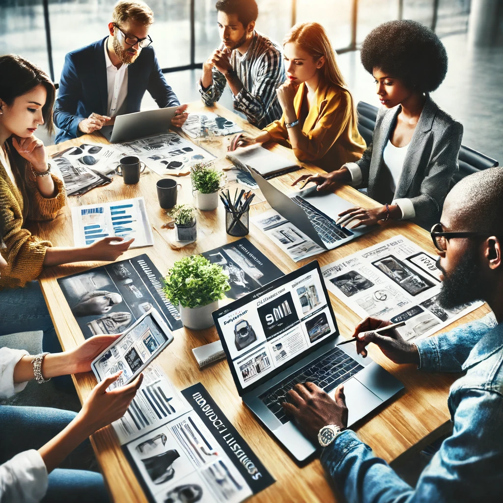 A realistic and impactful image of a diverse group of people (African, Asian, Latin, Caucasian, Indian) working together on creating attractive and informative product listings for an online marketplace. They are using laptops and smartphones, and there are photos of products, notes, and charts on the table. The setting is a modern office with a bright and professional atmosphere.