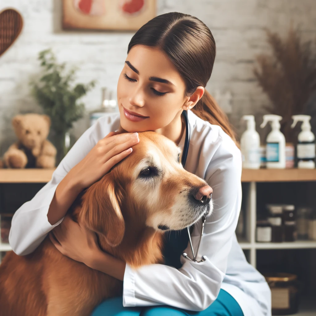 A realistic and impactful photograph of a veterinary assistant comforting a dog, showing affection and care. The assistant is a Caucasian woman, and the background shows a warm and friendly veterinary clinic environment.