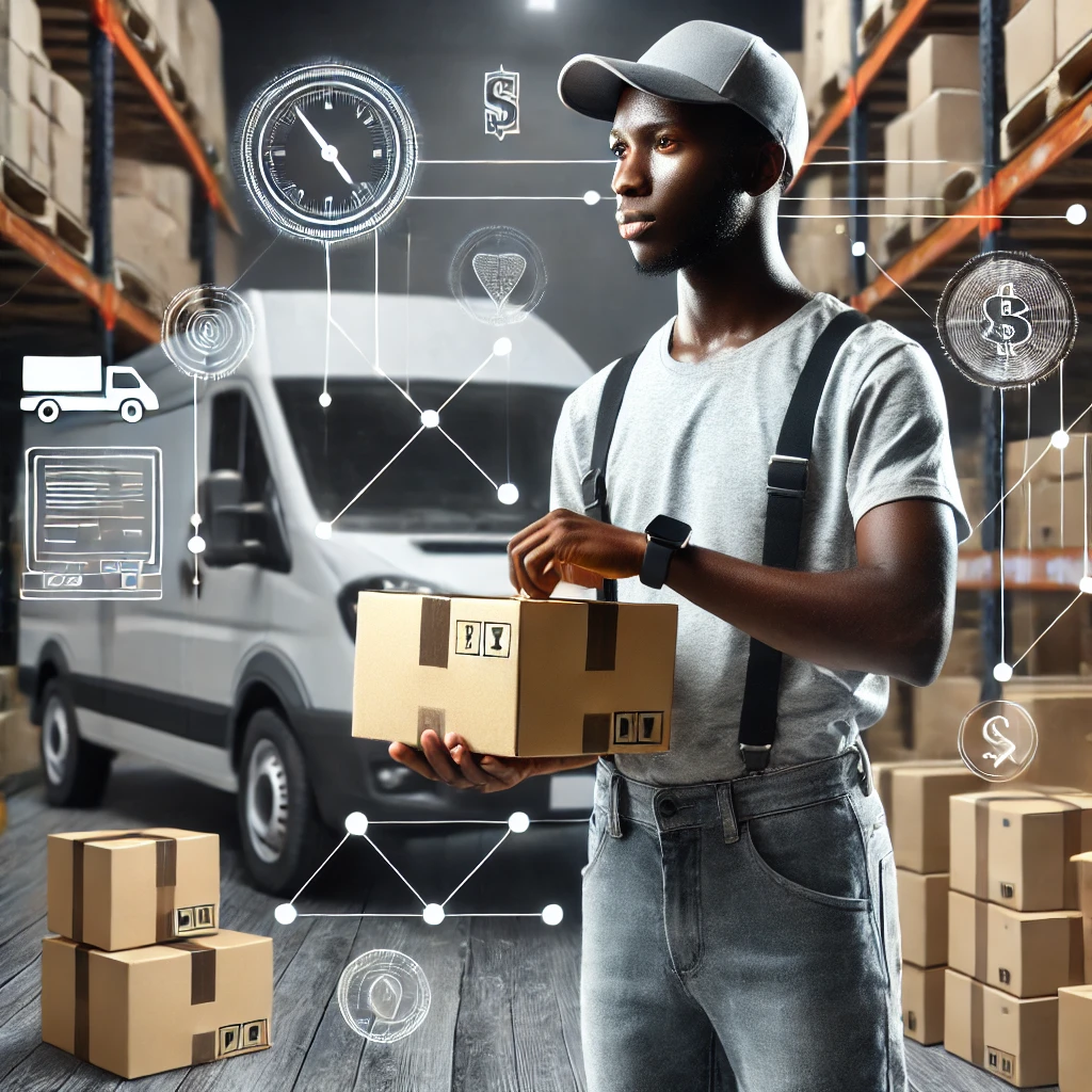 A realistic and impactful photograph-like image of a person of African descent working as a delivery driver, preparing packages for delivery. The setting should be an organized logistics center with various packages and a delivery van. Subtle elements related to making money should be included in the background.