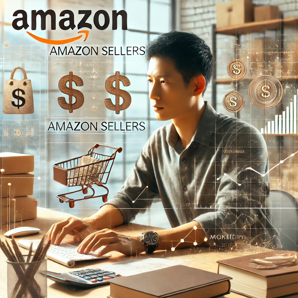 A realistic and impactful photograph-like image of a person of Asian descent working on a computer, providing consultancy services to Amazon sellers. The setting should be a modern office with books, charts, and documents related to e-commerce visible. Subtle elements related to making money should be included in the background.