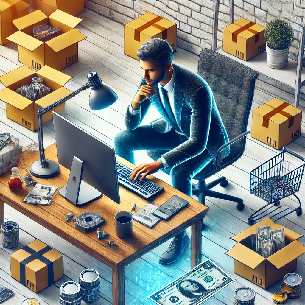 A realistic and impactful photograph-like image of a person of Indian descent working on a computer, preparing products for resale. The setting should be a home office with various products and shipping boxes around. Subtle elements related to making money should be included in the background.