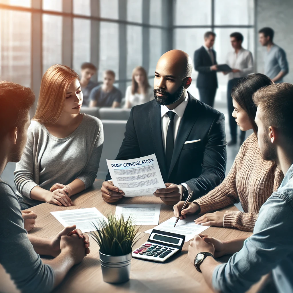 A diverse group of people meeting with a financial advisor in a modern office. They are reviewing documents and discussing debt consolidation options. The characters' ethnicities are randomized, with a focus on a Latino appearance. The image is extremely realistic and resembles a photograph.