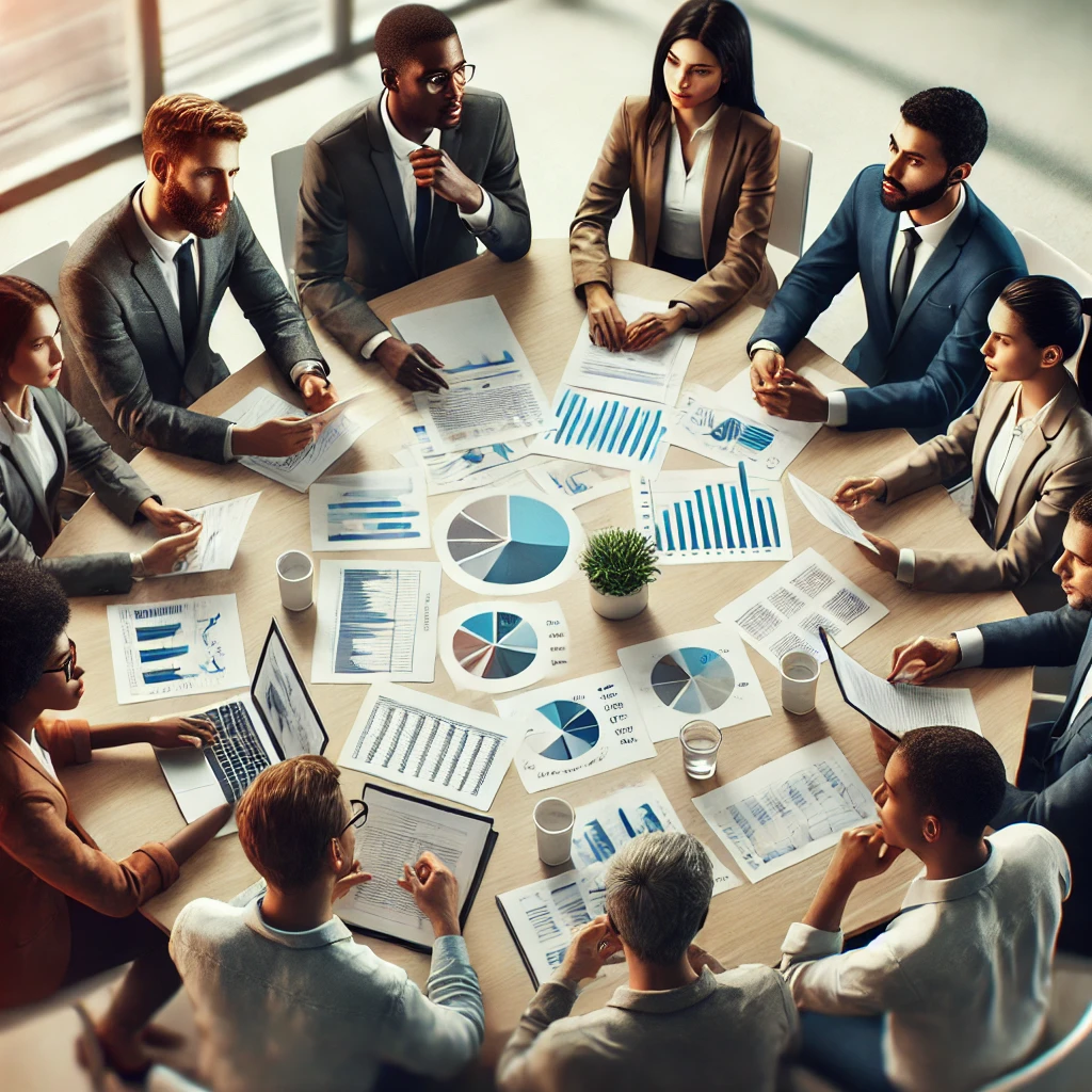 A diverse group of people discussing finances around a table, with charts and documents spread out. They appear focused and determined. The characters' ethnicities are randomized, with a focus on an African appearance. The image is extremely realistic and resembles a photograph.