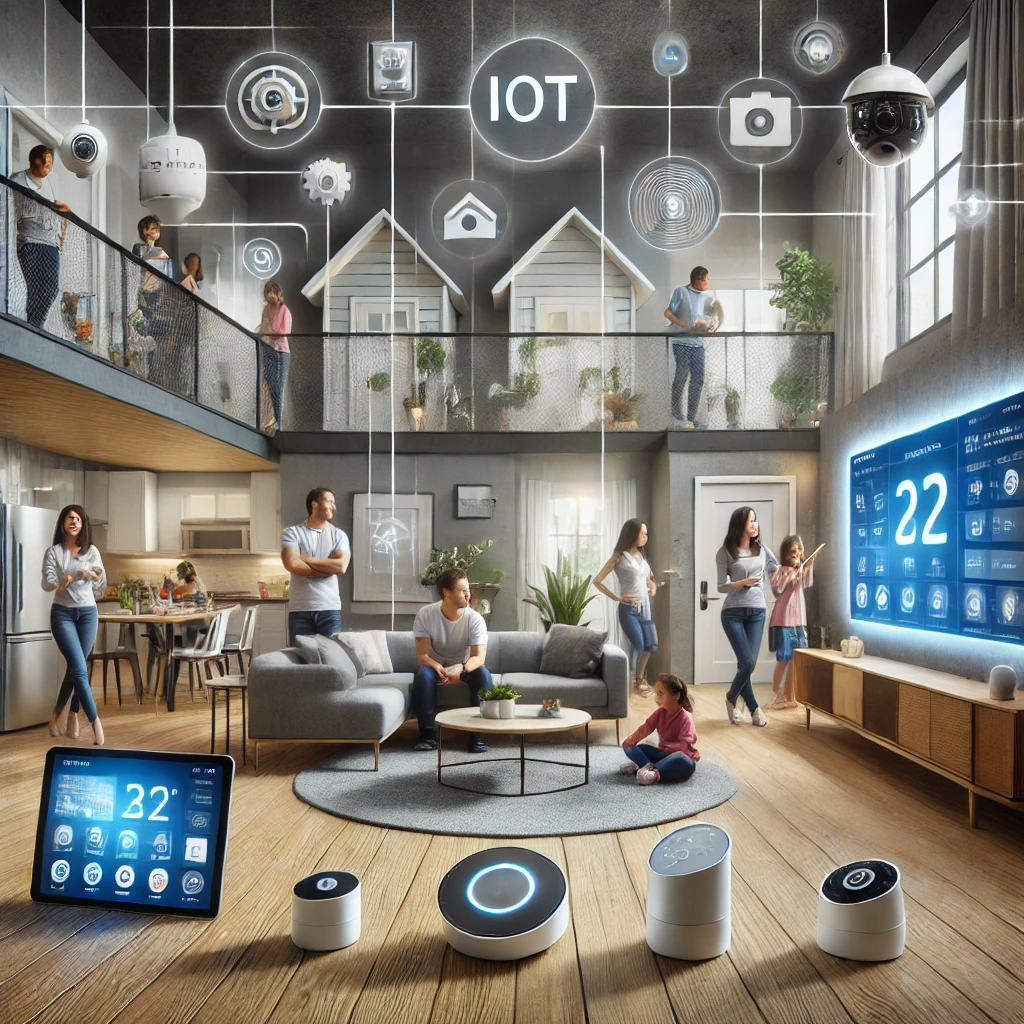 A realistic and impactful image showing a smart home with various IoT devices in use, including smart thermostats, connected lighting, security cameras, and smart appliances. The setting should be a modern living room with a family of diverse ethnicities, including Asian, African, Latino, Caucasian, and Indian, interacting with the devices. The image should convey the convenience and connectivity of IoT technology.