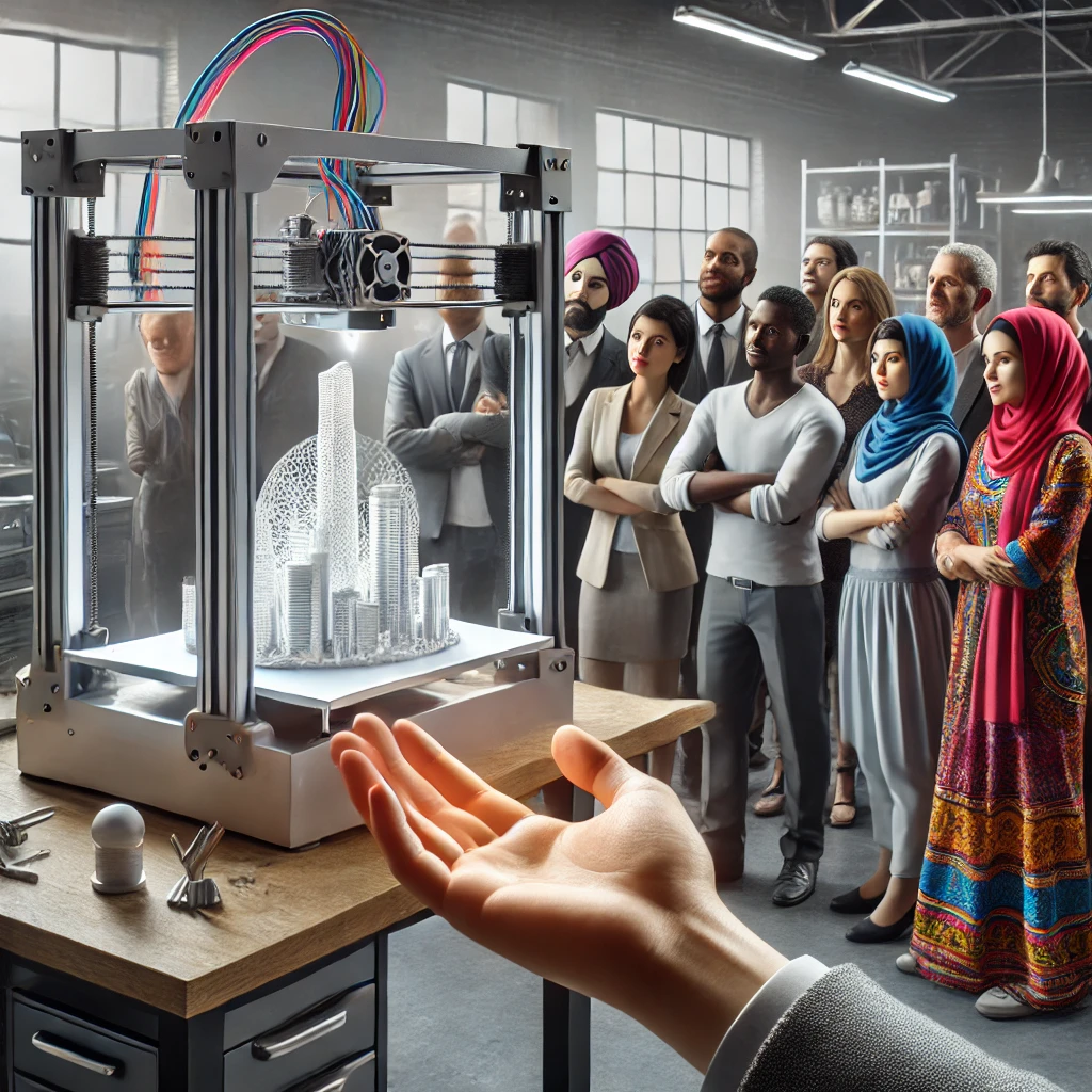 A realistic and impactful image showing a 3D printer creating an intricate object, with a diverse group of people, including Asian, African, Latino, Caucasian, and Indian, observing the process in a modern workshop setting. The image should convey the innovation and possibilities of 3D printing technology.