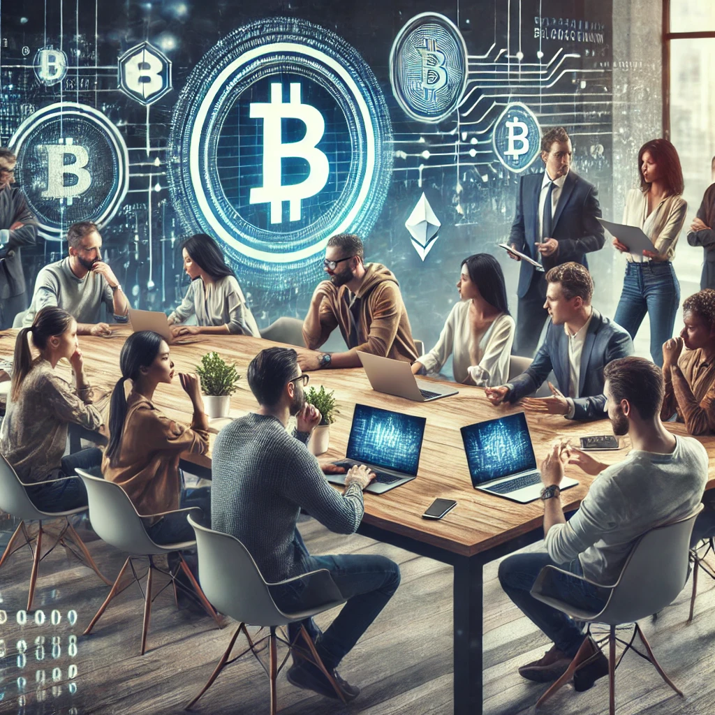 A realistic and impactful image showing people of diverse ethnicities (Asian, African, Latino, Caucasian, and Indian) engaged in activities related to blockchain and cryptocurrencies. They could be using laptops, discussing in a meeting, or analyzing data on screens. The setting should be a modern office environment, with visuals of blockchain networks or cryptocurrency symbols on computer screens.