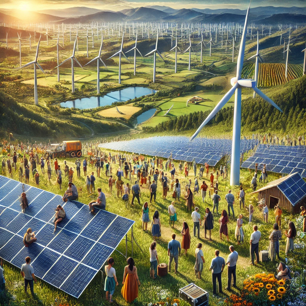 A realistic and impactful image showing a wind farm with wind turbines and solar panels in a beautiful landscape. A diverse group of people, including Asian, African, Latino, Caucasian, and Indian, are engaged in activities related to renewable energy, such as maintaining the turbines or monitoring solar panels. The image should convey the importance and impact of renewable energy technologies. The landscape should include green fields, blue sky, and mountains in the background.