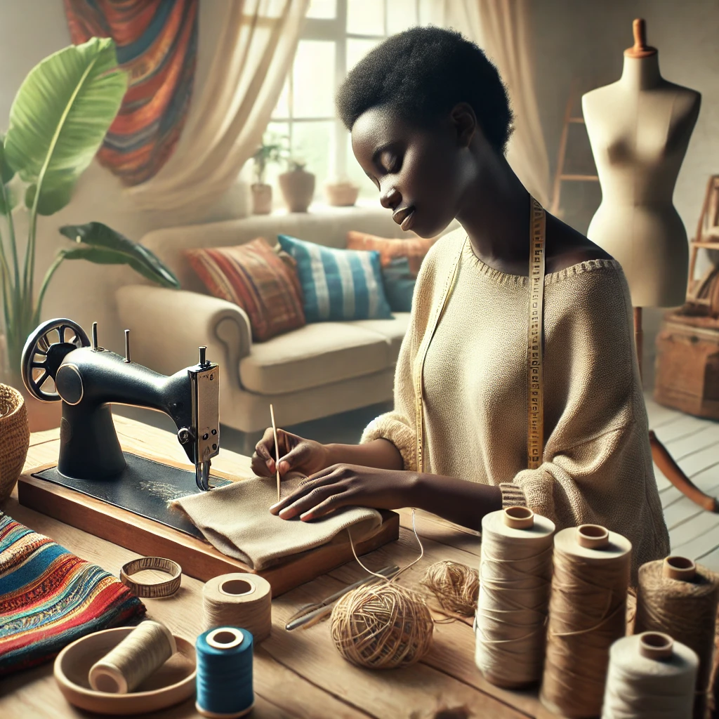 A realistic and impactful photograph of an African person crafting handmade items at home. The background should show a cozy workspace with crafting materials like fabric, threads, and tools. The scene should feel artistic and creative, highlighting the handmade crafting process.