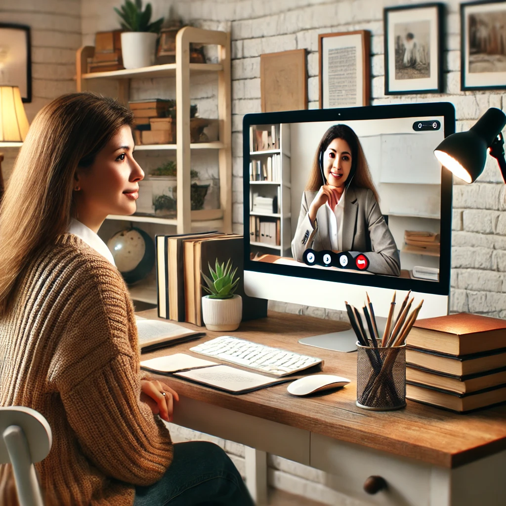 A realistic and impactful photograph of a Latina person teaching an online class from home. The background should show a cozy home office with a desk, computer, books, and a whiteboard. The scene should feel educational and engaging, highlighting the online teaching process.