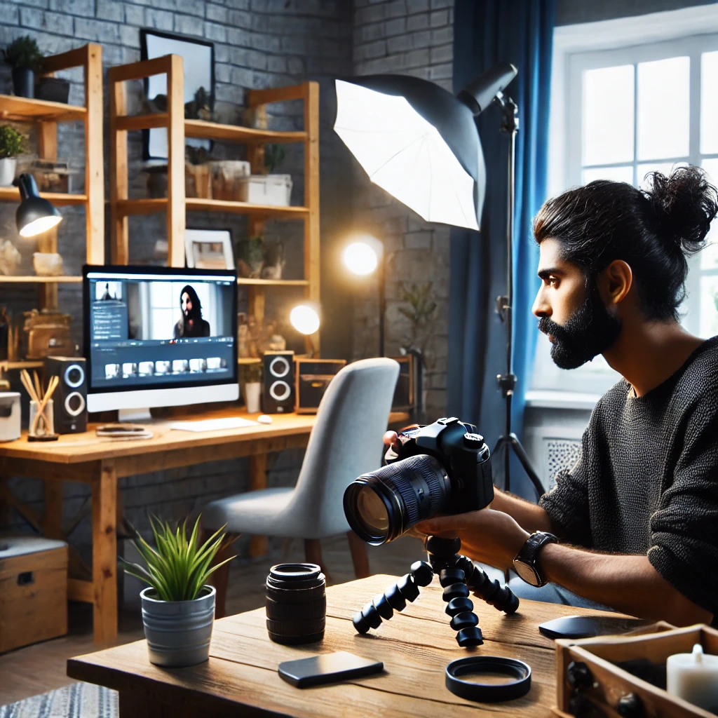 A realistic and impactful photograph of an Indian person creating content for social media at home. The background should show a cozy home office with a camera, lighting equipment, and a computer. The scene should feel creative and engaging, highlighting the content creation process.