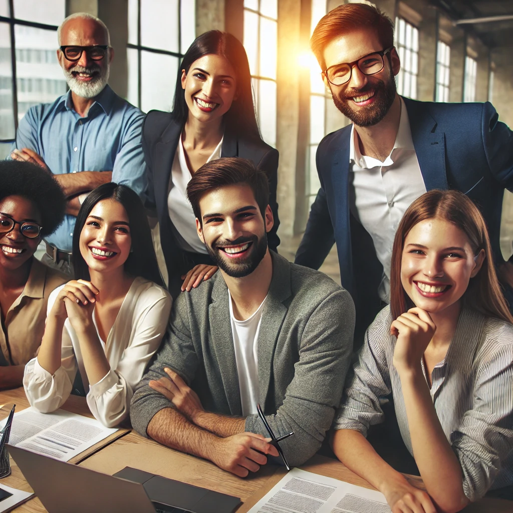 A realistic and impactful photo of a diverse group of colleagues maintaining a positive attitude while working together in an office setting.