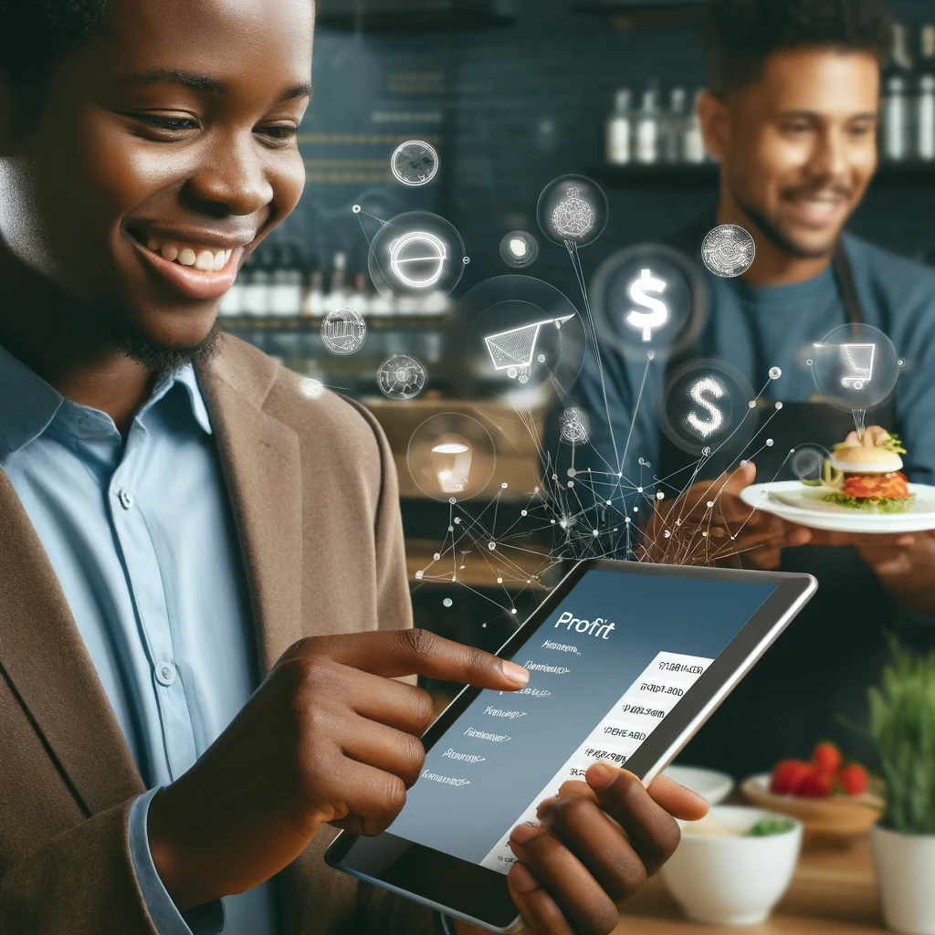 A realistic and impactful image of a modern restaurant with a diverse African customer using a digital menu on a tablet. The customer is smiling while the tablet displays personalized meal recommendations. Subtle elements like money symbols or profit charts in the background should be included to signify financial gain.