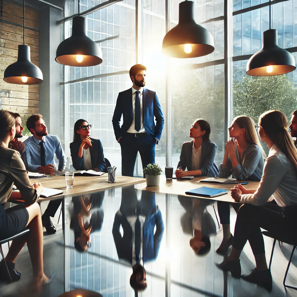 A realistic and impactful photo of a diverse group of colleagues engaged in self-reflection or a group reflection session in an office setting.