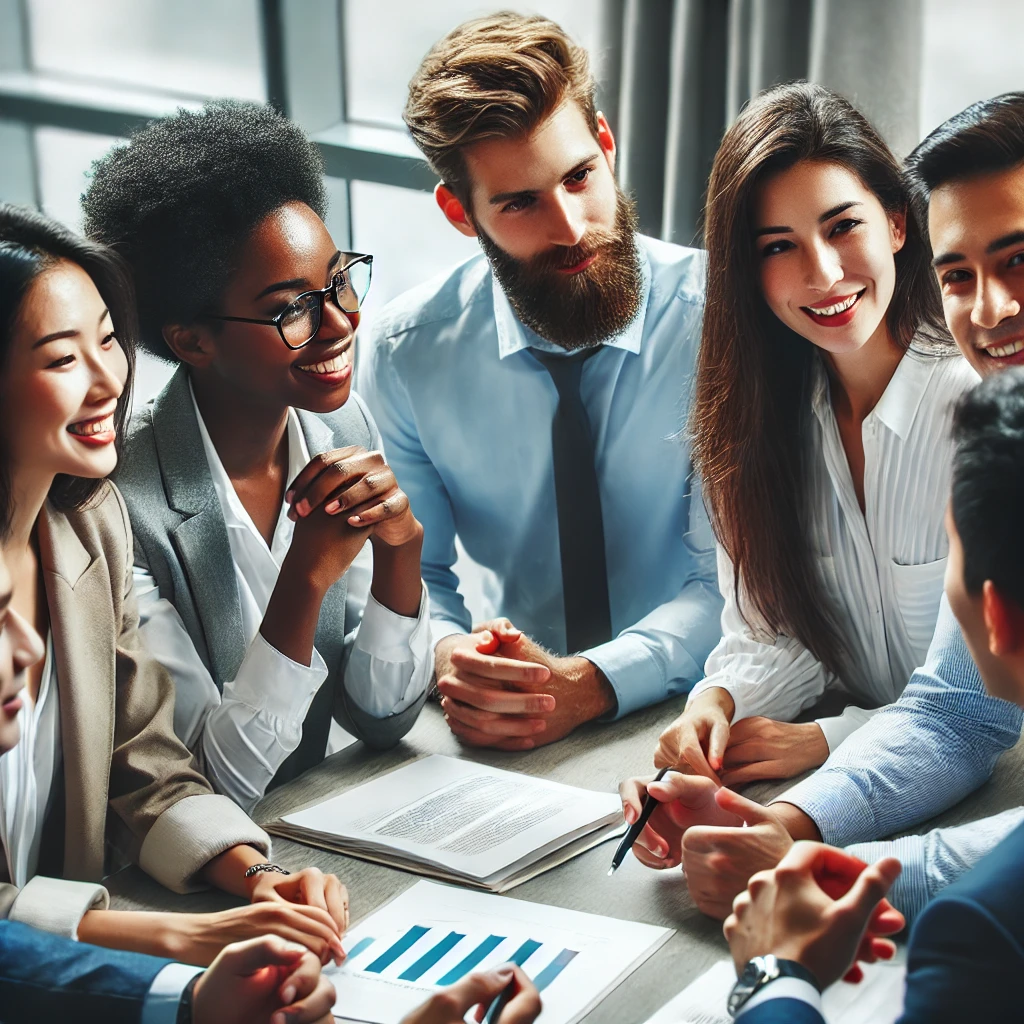 A realistic and impactful photo of colleagues of different ethnicities having a clear and respectful conversation in a meeting room, showcasing effective communication.