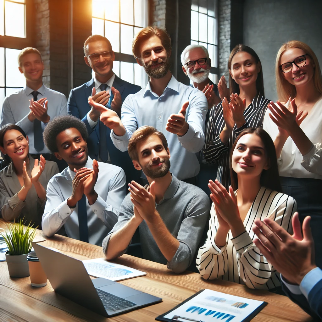 A realistic and impactful photo of a diverse group of colleagues showing appreciation and gratitude to each other in a work environment.