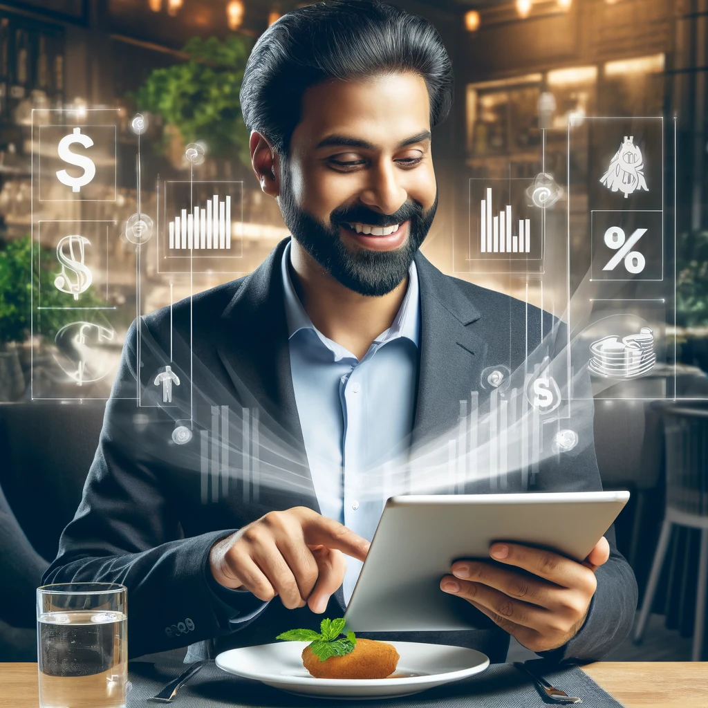 A realistic and impactful image of a modern restaurant with a diverse Indian customer using a digital menu on a tablet. The customer looks delighted while interacting with the digital menu, signifying an enhanced customer experience. Subtle elements like money symbols or profit charts in the background should be included to signify financial gain.