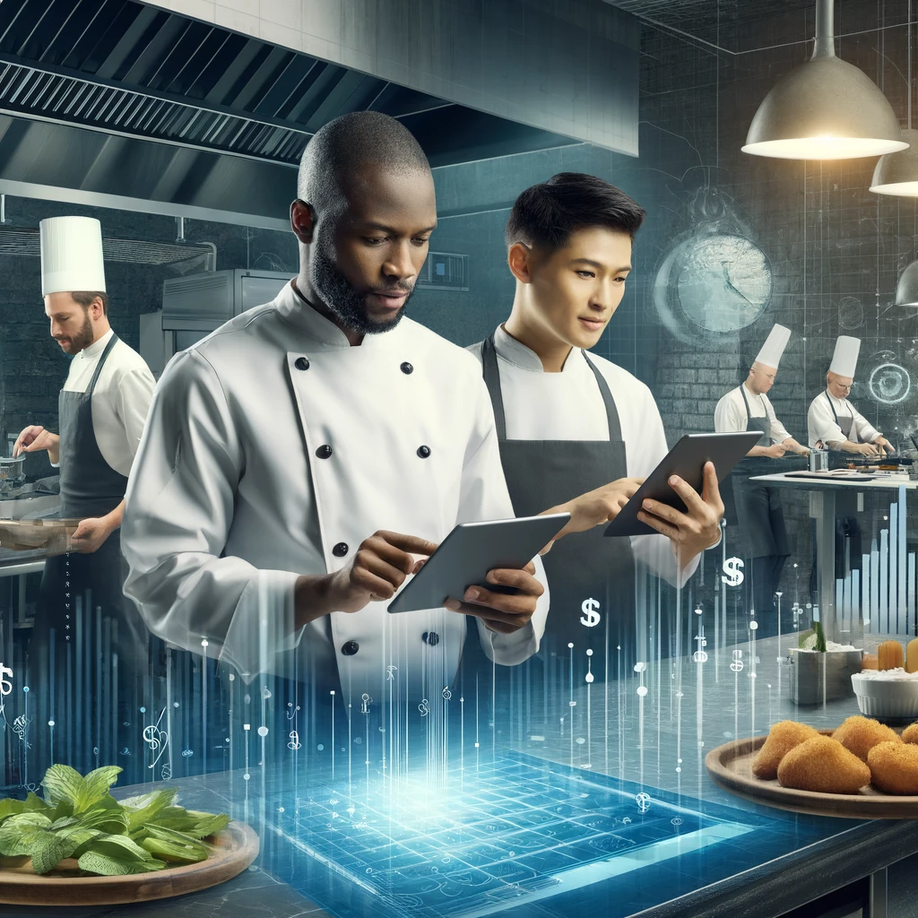 A realistic and impactful image of a modern restaurant kitchen with a diverse staff, including an African chef and an Asian sous-chef, both using digital tablets to manage orders. The scene shows a well-organized and efficient kitchen environment with subtle elements like money symbols or profit charts in the background to signify financial gain.