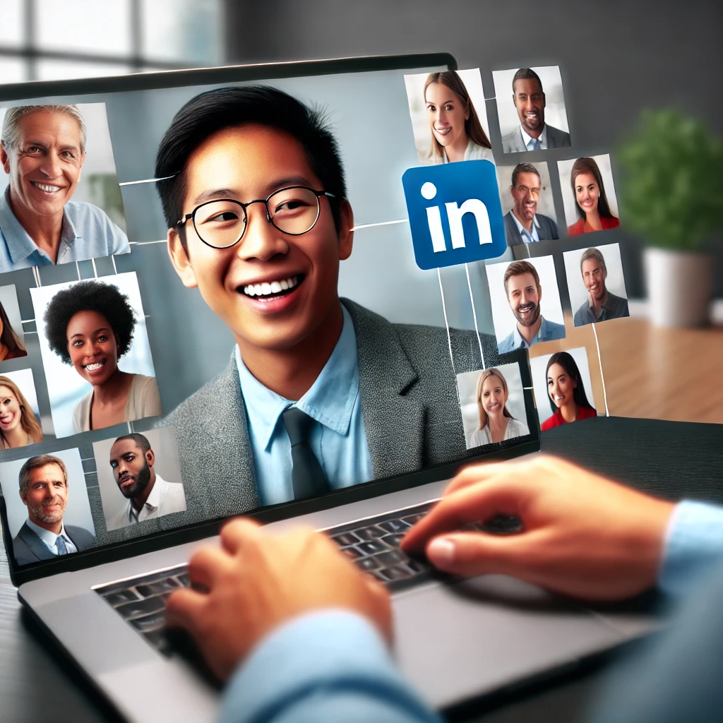 A realistic and impactful photograph-like image of a professional using LinkedIn on a laptop in a modern office. The person is smiling and engaging with connections on the screen. The ethnicities of the characters include Asian, African, Latino, Caucasian, and Indian.