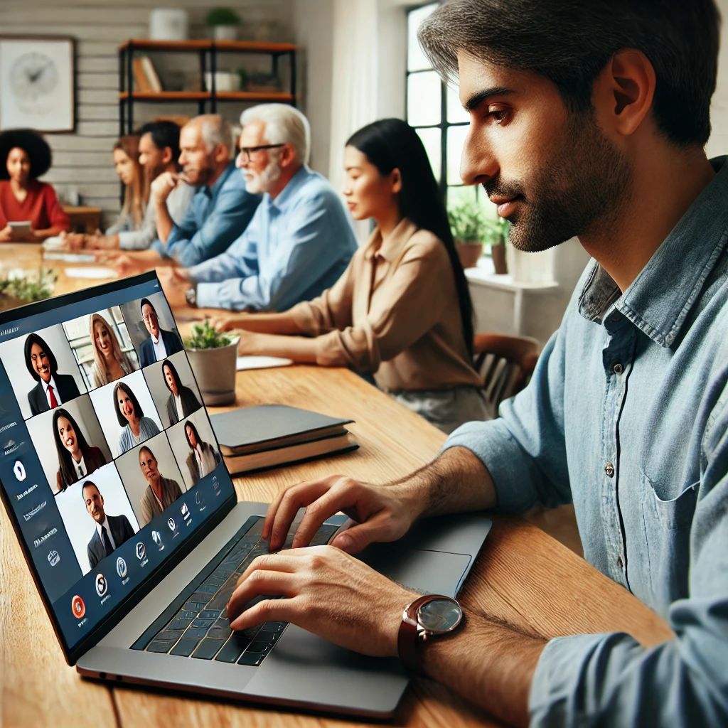 A realistic and impactful photograph-like image of a professional participating in an online community or group discussion. The person is typing on a laptop, engaged with other members in a virtual meeting or forum. The setting includes a home office environment. The ethnicities of the characters include Asian, African, Latino, Caucasian, and Indian.