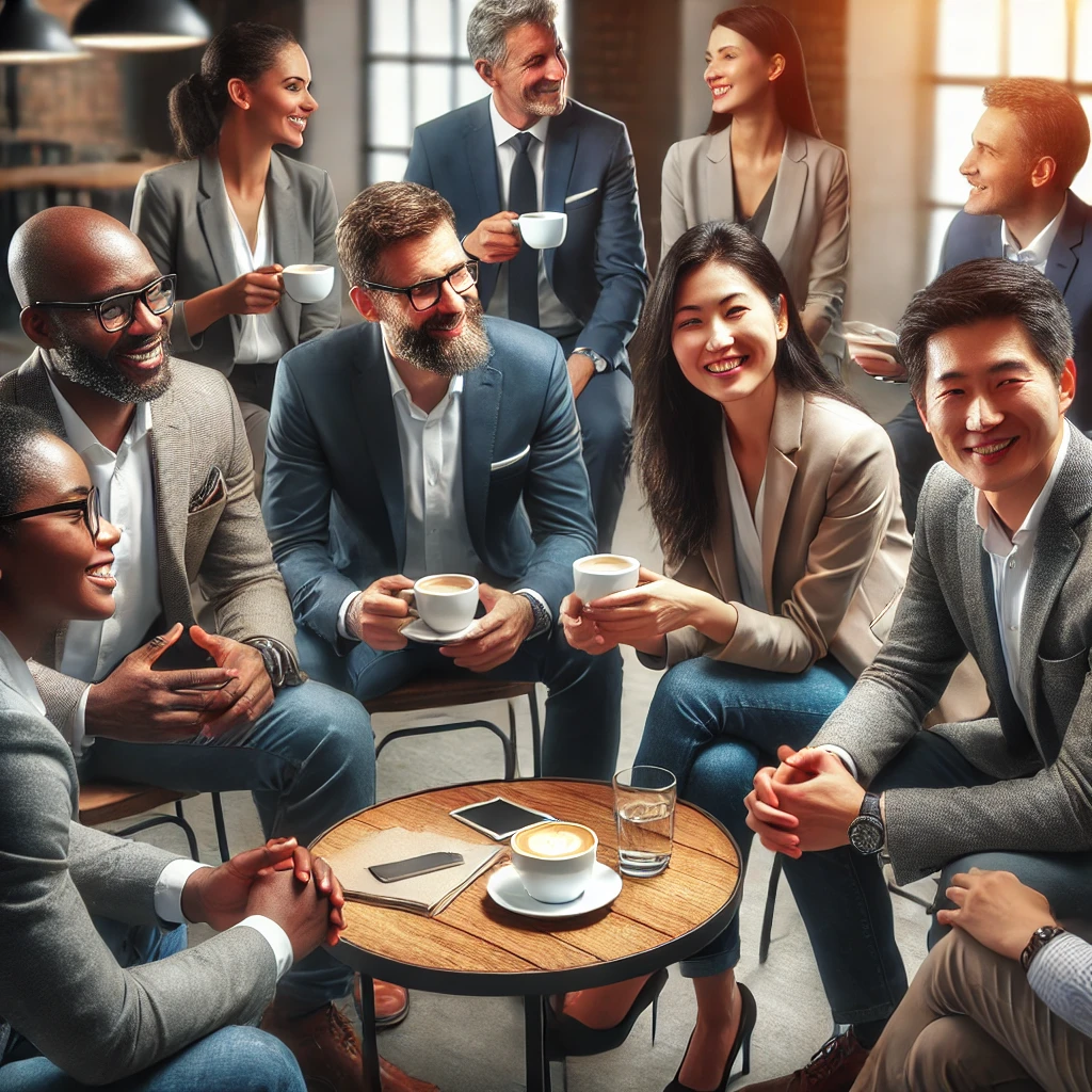 A realistic and impactful photograph-like image of professionals engaging in informal networking over coffee in a casual setting. The group is diverse, including Asian, African, Latino, Caucasian, and Indian ethnicities, with a friendly and relaxed atmosphere.