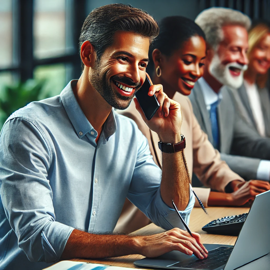 A realistic and impactful photograph-like image of a professional maintaining regular contact with their network through emails and phone calls. The person is sitting at a desk, writing an email on a laptop and talking on the phone with a smile. The setting includes a modern office environment. The ethnicities of the characters include Asian, African, Latino, Caucasian, and Indian.