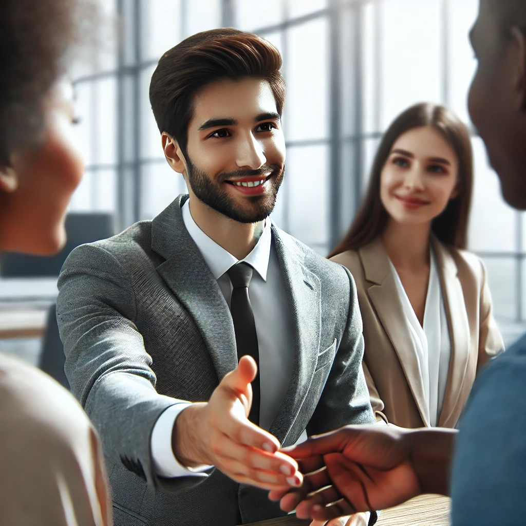 A realistic and impactful photograph-like image of a professional offering help to a colleague in a modern office setting. The person is engaged in a friendly conversation, showing empathy and willingness to assist. The ethnicities of the characters include Asian, African, Latino, Caucasian, and Indian.