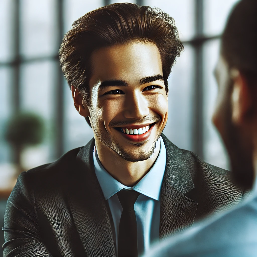 A realistic and impactful photograph-like image of a professional having an authentic and transparent conversation with a colleague in a modern office setting. The person is smiling and showing genuine interest. The ethnicities of the characters include Asian, African, Latino, Caucasian, and Indian.