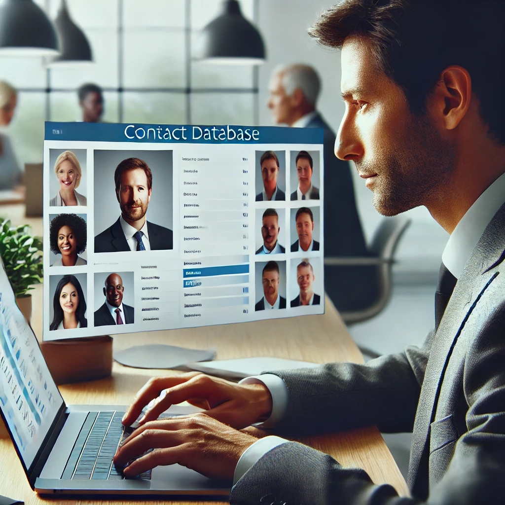 A realistic and impactful photograph-like image of a professional organizing a contact database on a laptop in a modern office setting. The person is focused and engaged, with a neat and organized desk. The ethnicities of the characters include Asian, African, Latino, Caucasian, and Indian.