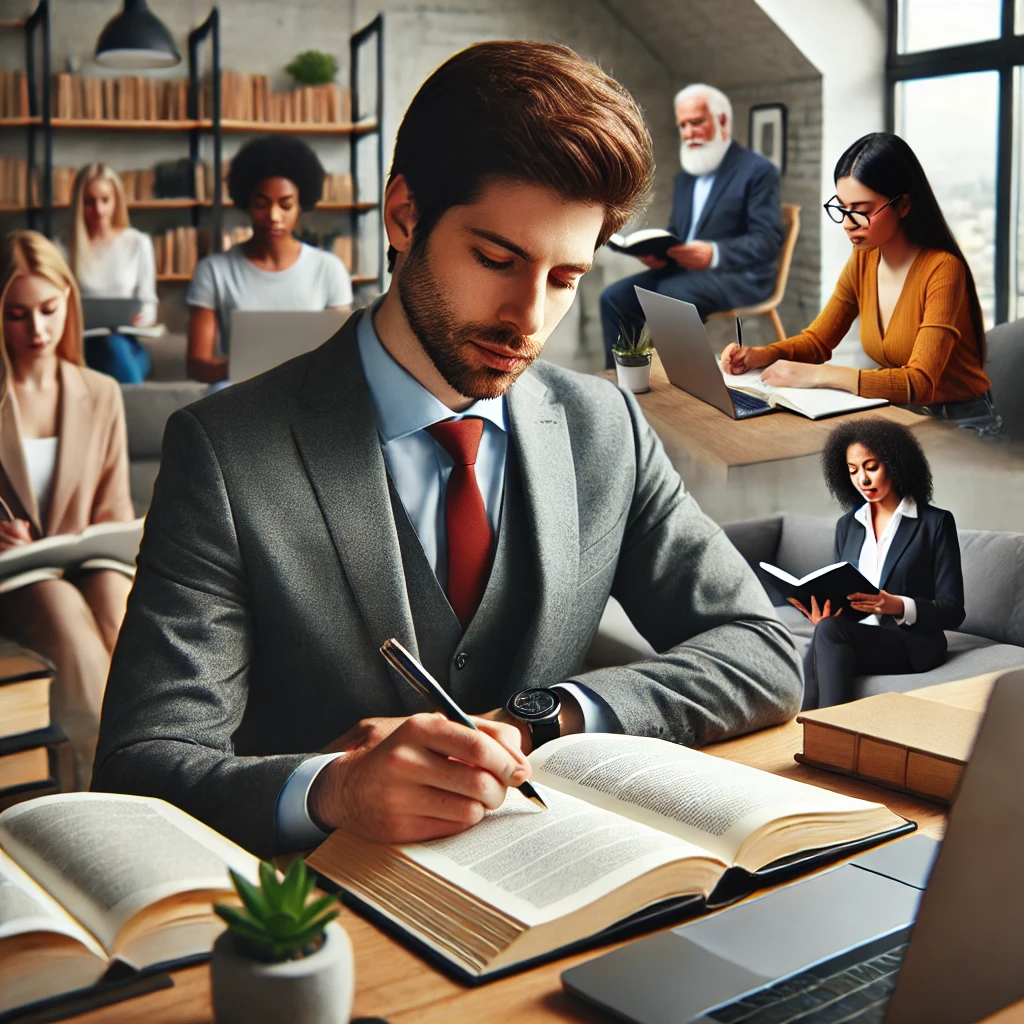 A realistic and impactful photograph-like image of a professional engaged in personal and professional development activities. The person is reading a book, taking notes on a laptop, and participating in an online course in a modern home office setting. The ethnicities of the characters include Asian, African, Latino, Caucasian, and Indian.