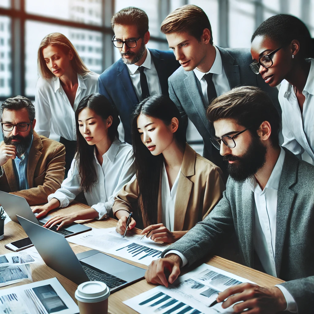 A realistic and impactful photograph-like image of professionals collaborating on a project in a modern office setting. The group is diverse, including Asian, African, Latino, Caucasian, and Indian ethnicities, working together with laptops and documents on a table.