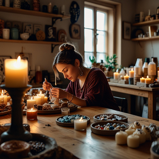 A table full of handmade products (jewelry, candles, soaps), with a person in the background, in a cozy and well-lit environment.