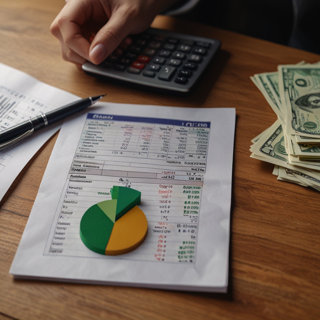 An image of a person filling out a monthly budget on a spreadsheet, with a calculator and money notes beside them, symbolizing the creation of a realistic budget.