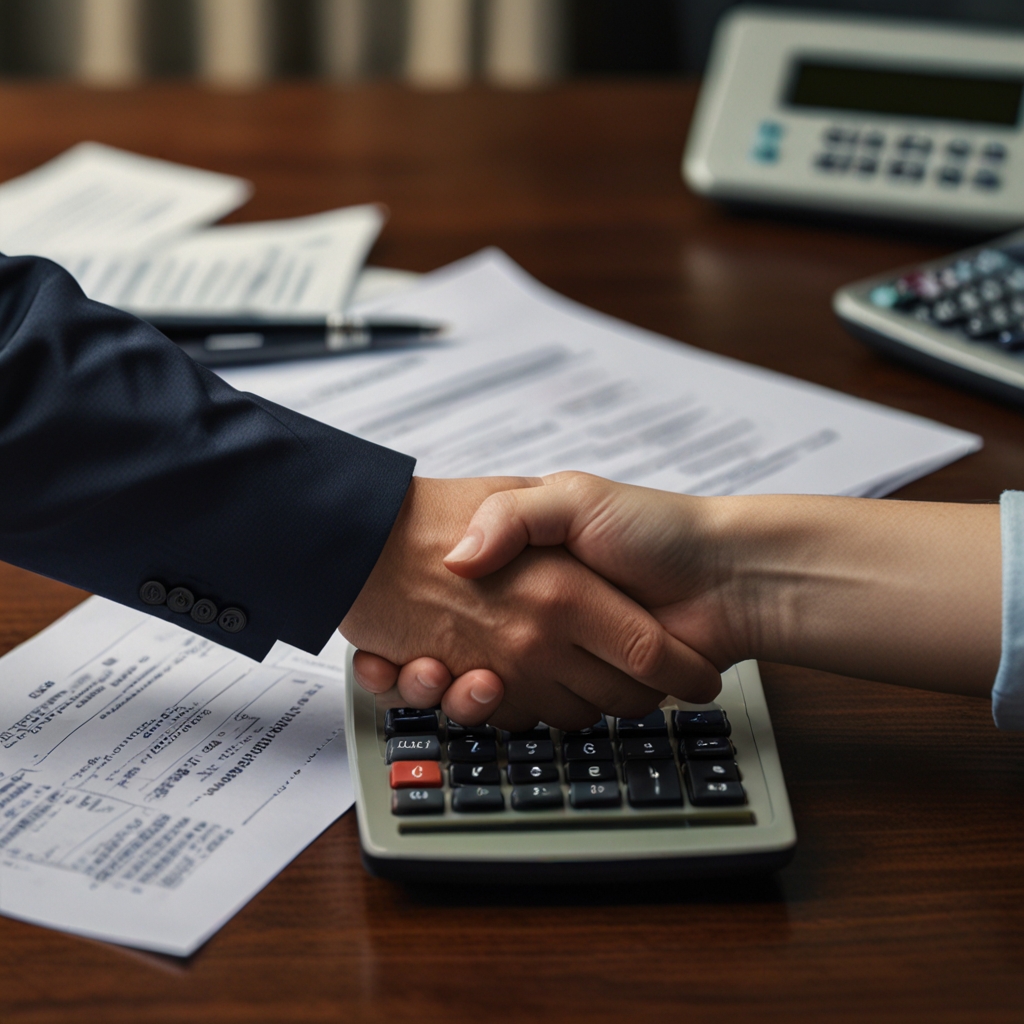 An image of two hands shaking in agreement, with debt documents and a calculator in the background, symbolizing the negotiation and reduction of debts.