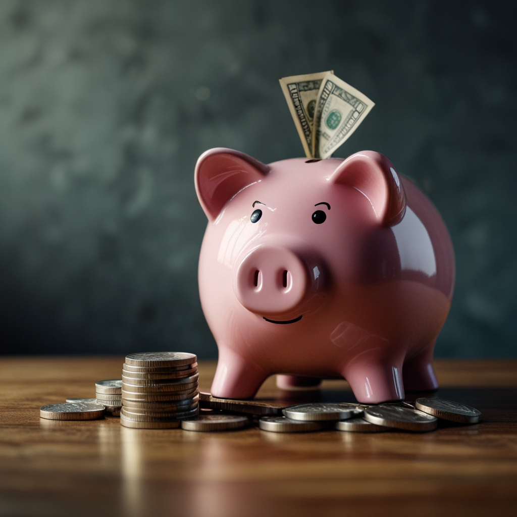 An image of a piggy bank being filled with coins and notes, with a background suggesting security and stability, representing the creation of an emergency fund.