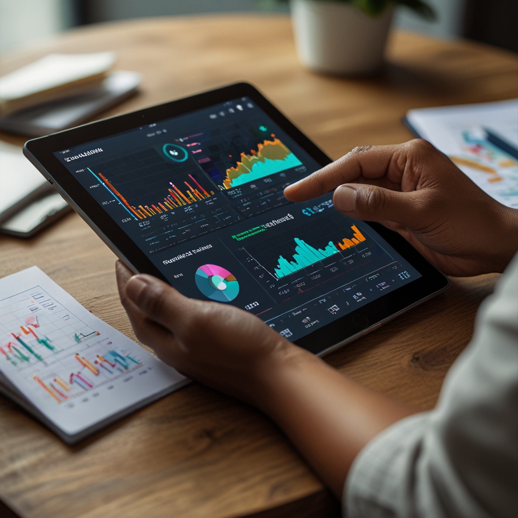 An image of a person analyzing investment charts on a tablet, with icons of different types of investments around, representing planning and investing in the future.