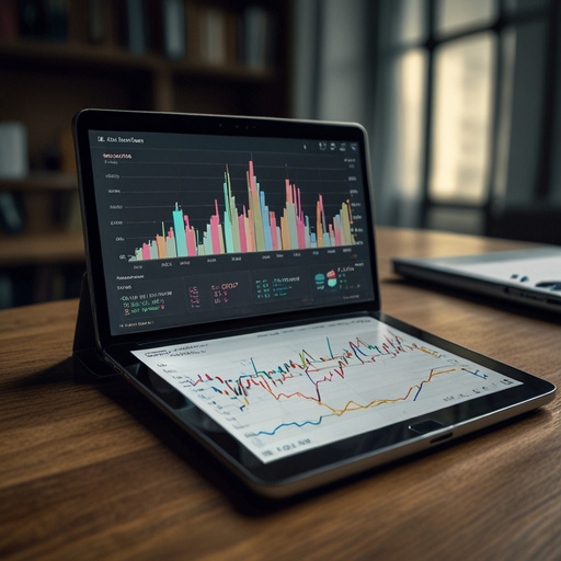 Gráfico de crescimento de ações e representação de fundos imobiliários, com um investidor analisando os dados em um tablet ou laptop, transmitindo a ideia de controle e crescimento financeiro.